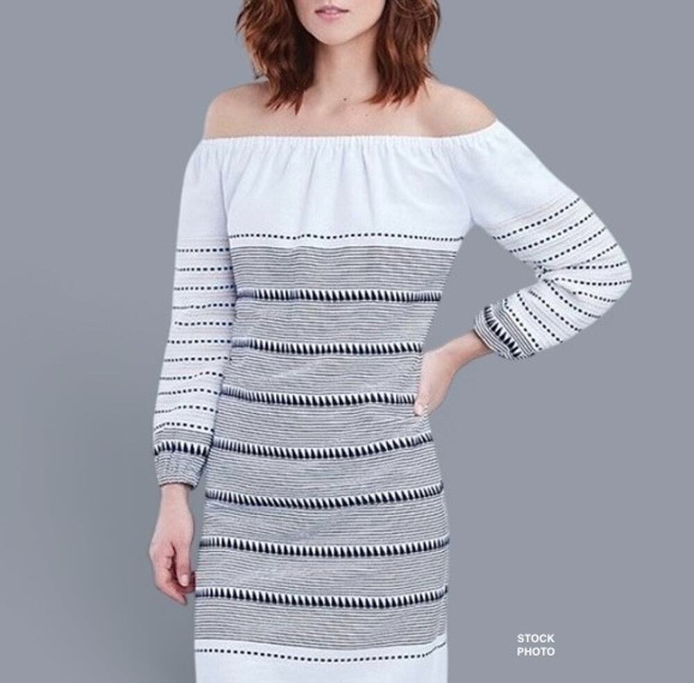 Etcetera Navy White Textured Shift Dress Womens 4 Off Shoulder Resort Coastal